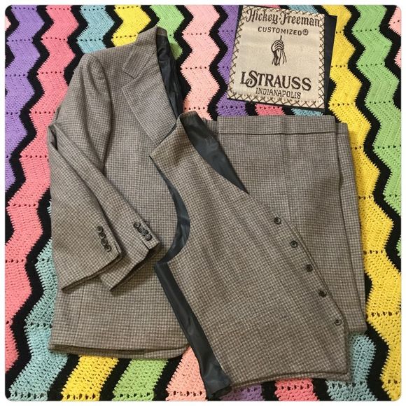 VTG 60-70s Mad Men Blue/Grey Houndstooth Wool Suit